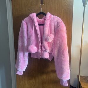 Pink Faux Fur Jacket with Pom Poms